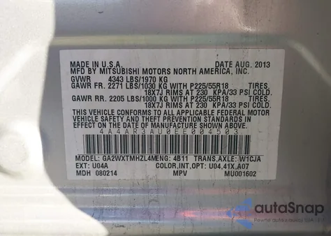 2014 Mitsubishi Outlander Sport Es from USA, damaged, VIN 4A4AR3AU0EE004503